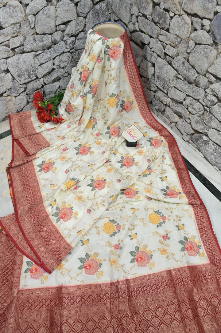 White and Red Color Muga Banarasi Silk Saree