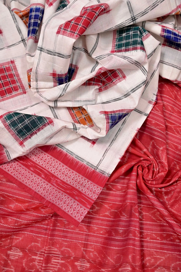 White and Red Color Pure Ashwini Cotton Sambalpuri Saree with Ikat Work
