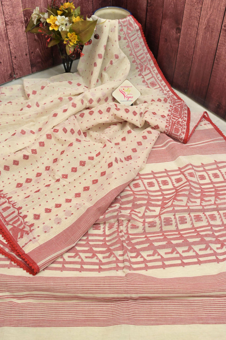 White and Red Color Pure Bangladeshi Jamdani Saree with Lace Work