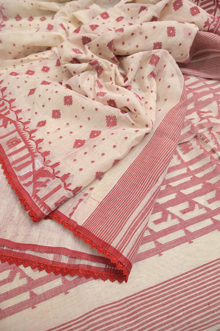 White and Red Color Pure Bangladeshi Jamdani Saree with Lace Work