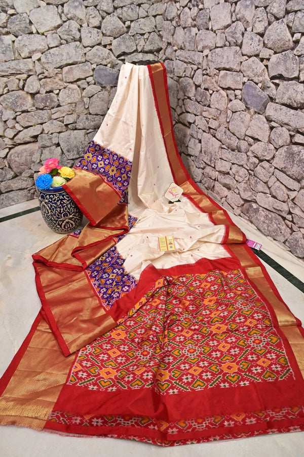 White and Red Color Pure Ikat Silk Saree with Broad Double Border