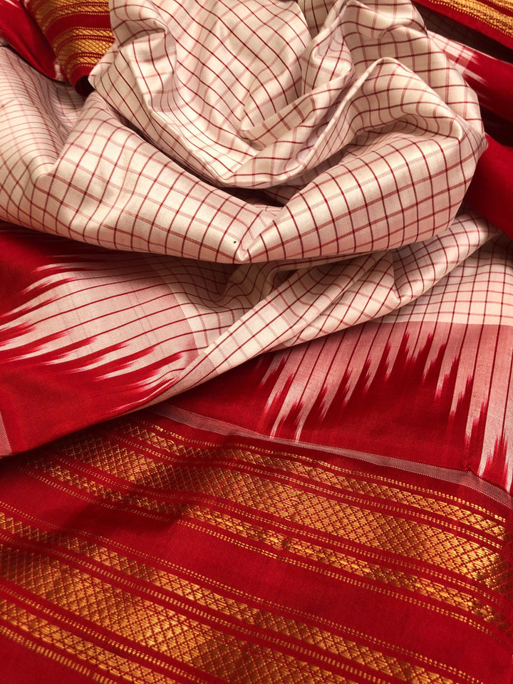 White and Red Color Pure Ikat Silk Saree with Checks