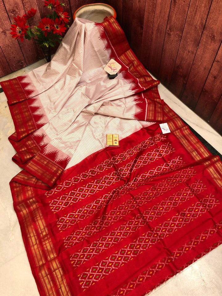 White and Red Color Pure Ikat Silk Saree with Checks