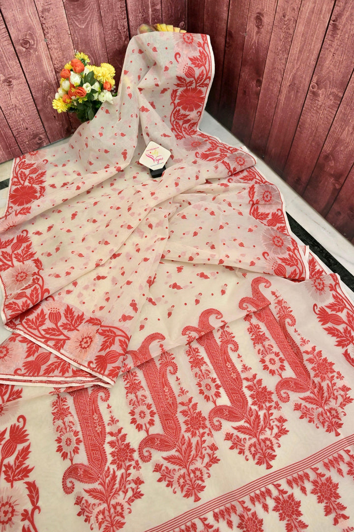 White and Red Color Pure Jamdani Saree