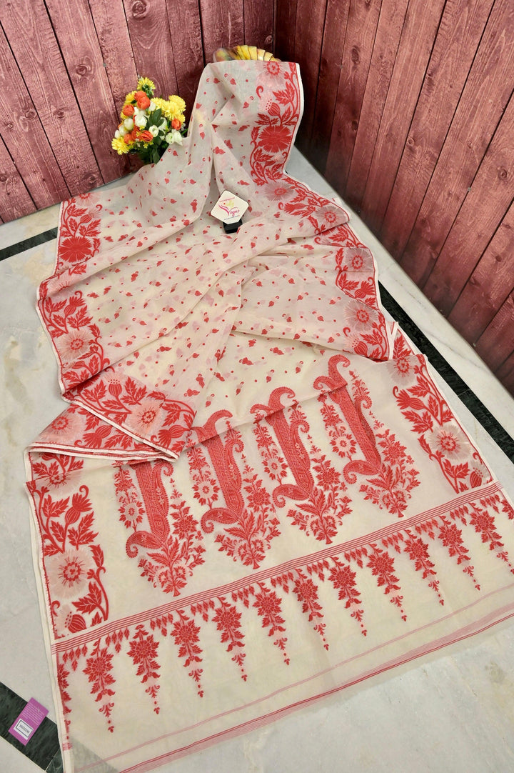 White and Red Color Pure Jamdani Saree