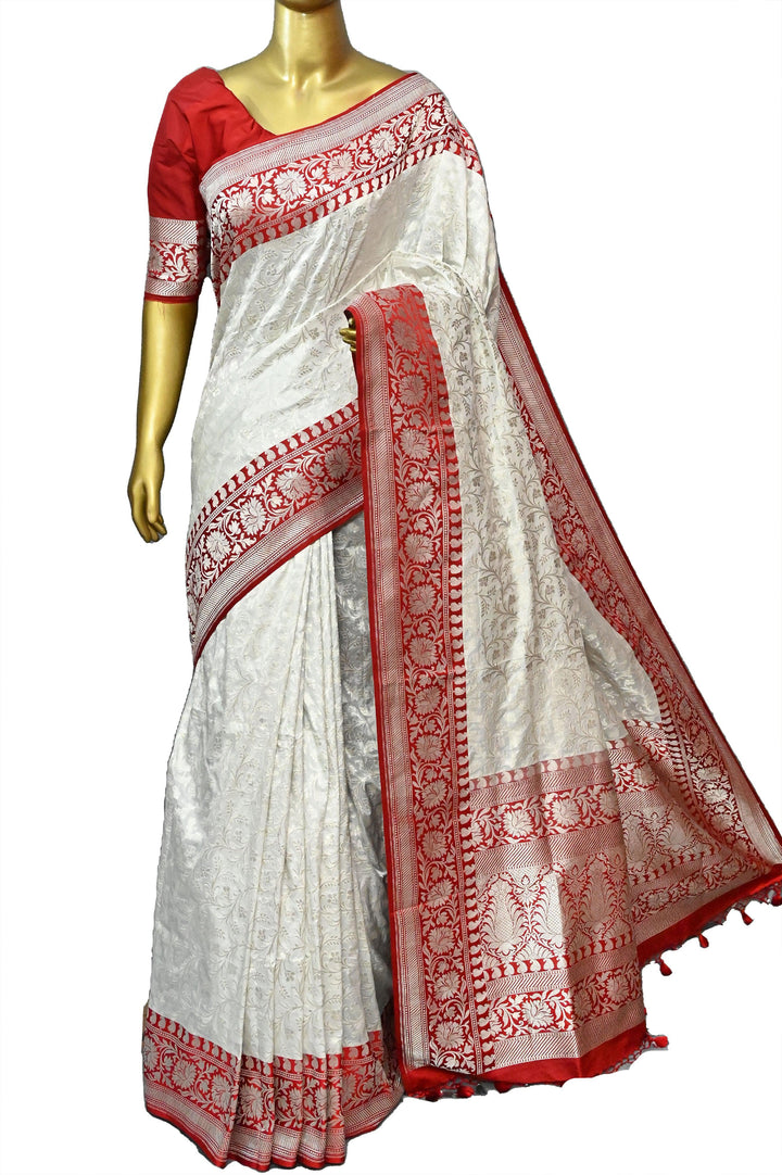 White and Red Color Pure Katan Banarasi Saree with Allover Jaali Zari Work in Silver