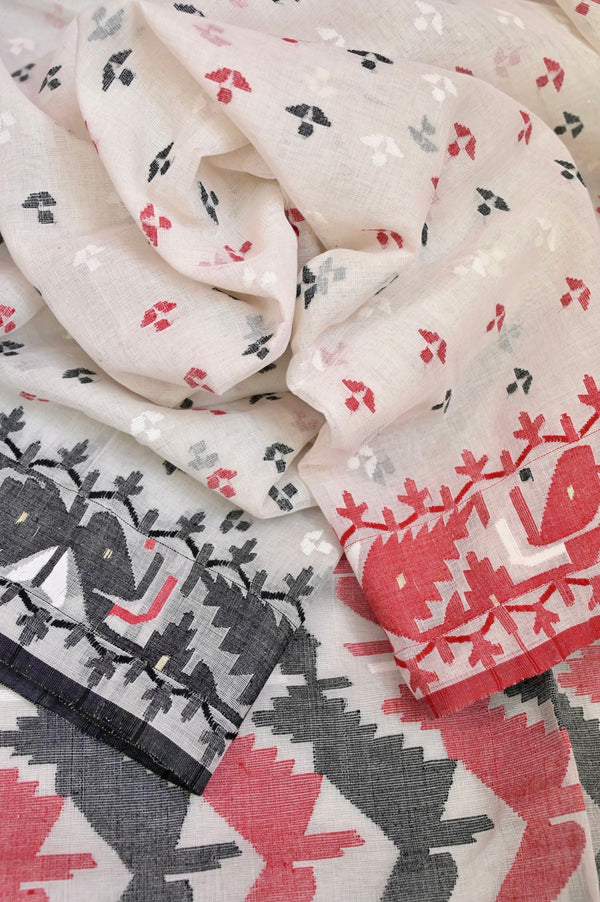White Color Bangladeshi Jamdani Saree with Ganga Jamuna Border