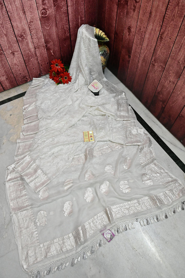 White Color Chiffon Banarasi With Chikankari Work
