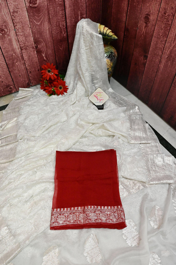 White Color Chiffon Banarasi With Chikankari Work