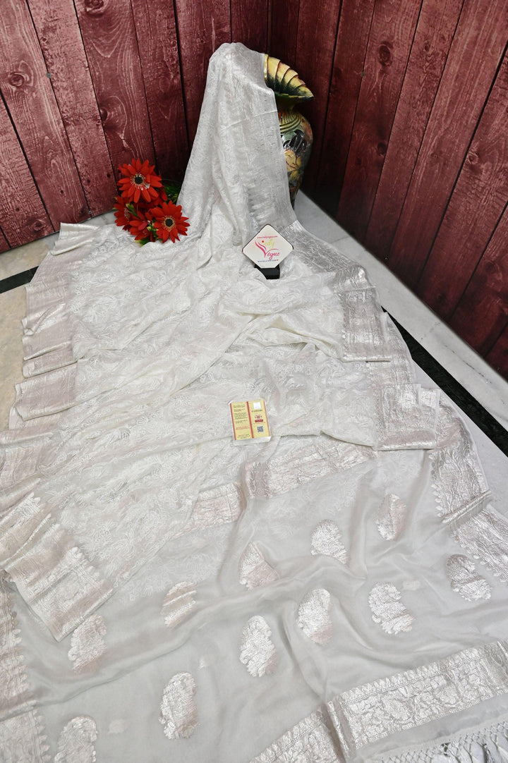 White Color Chiffon Banarasi With Chikankari Work
