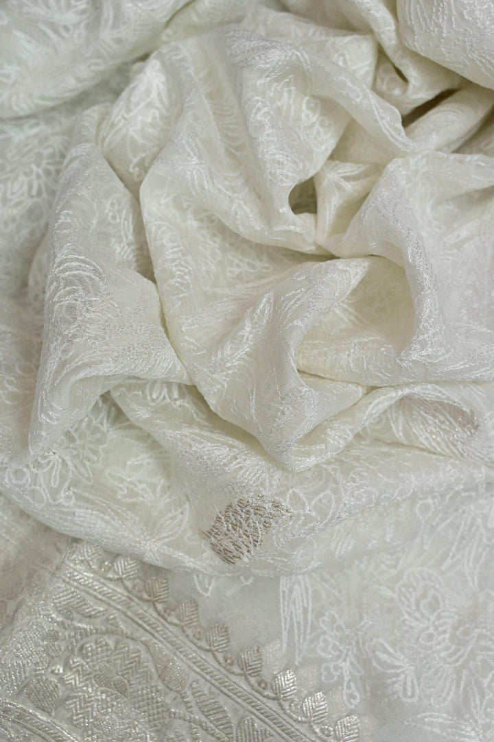 White Color Chiffon Banarasi With Chikankari Work