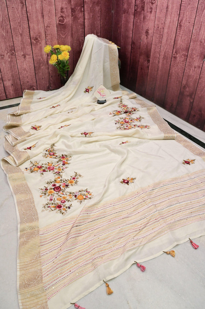 White Color Chinon Banarasi Silk Saree with Hand Kantha & Bullion Embroidery with Sequin Work