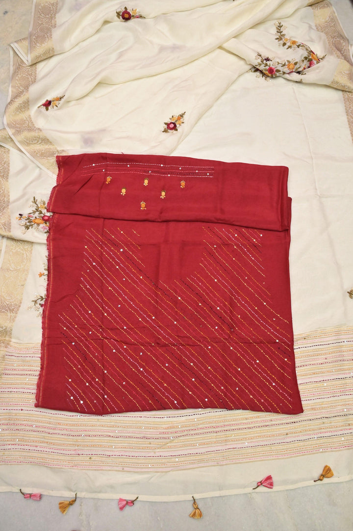 White Color Chinon Banarasi Silk Saree with Hand Kantha & Bullion Embroidery with Sequin Work