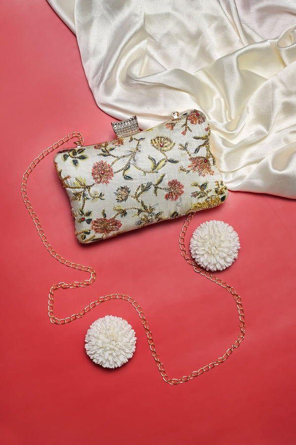 White Color Designer Clutch Bag with Zari Embroidery