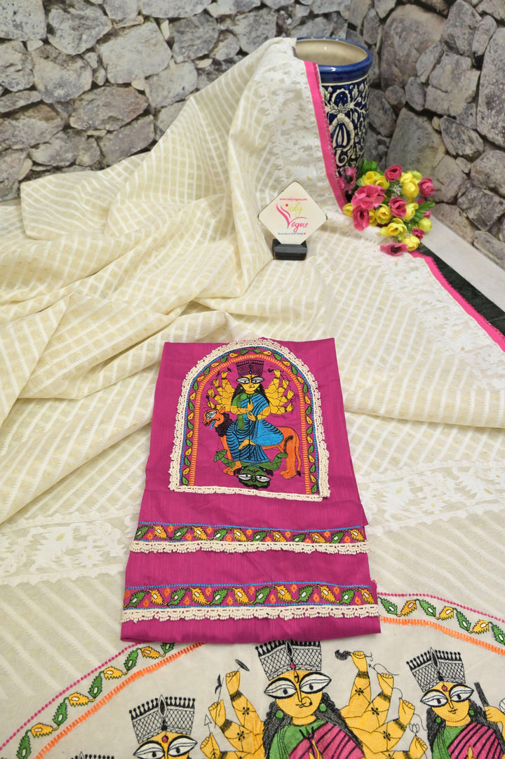 White Color Designer Durga Jamdani with Embroidered Durga Family on Pallu