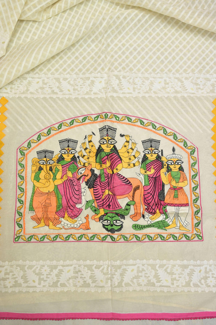 White Color Designer Durga Jamdani with Embroidered Durga Family on Pallu