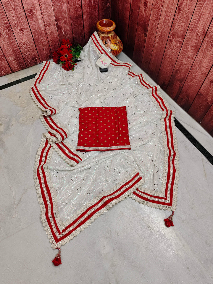 White Color Designer Georgette Saree with Sequin Mirror Work withEmbroidery and Red Lace Border