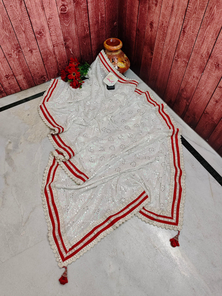 White Color Designer Georgette Saree with Sequin Mirror Work withEmbroidery and Red Lace Border