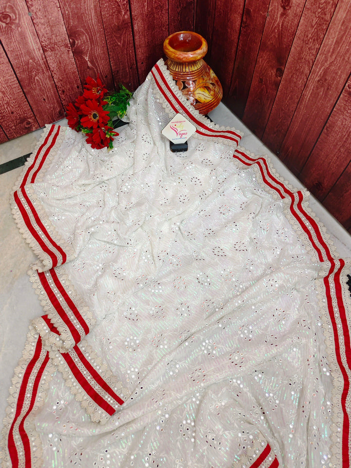 White Color Designer Georgette Saree with Sequin Mirror Work withEmbroidery and Red Lace Border