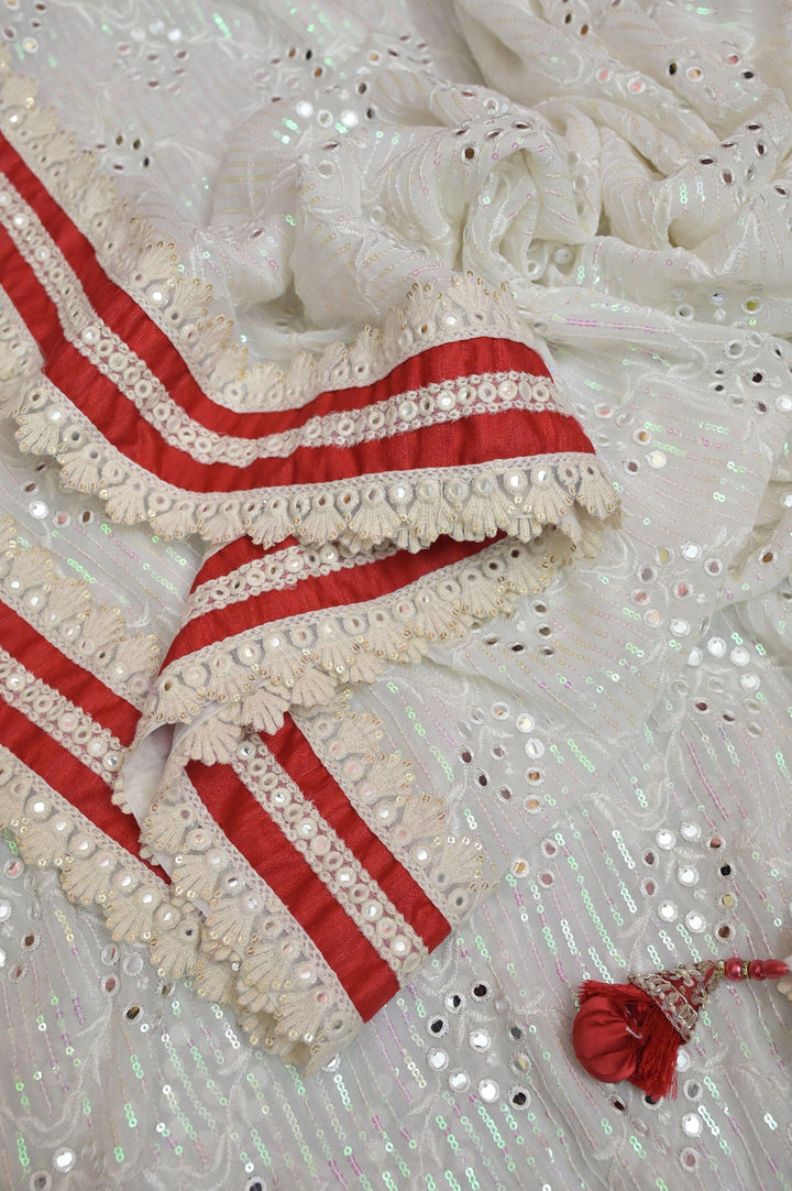 White Color Designer Georgette Saree with Sequin Mirror Work withEmbroidery and Red Lace Border