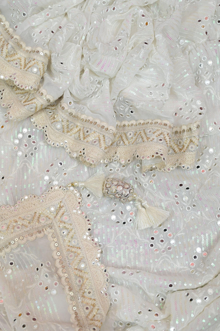 White Color Designer Georgette With Sequin and Embroidery Work with Crochet Lace Border