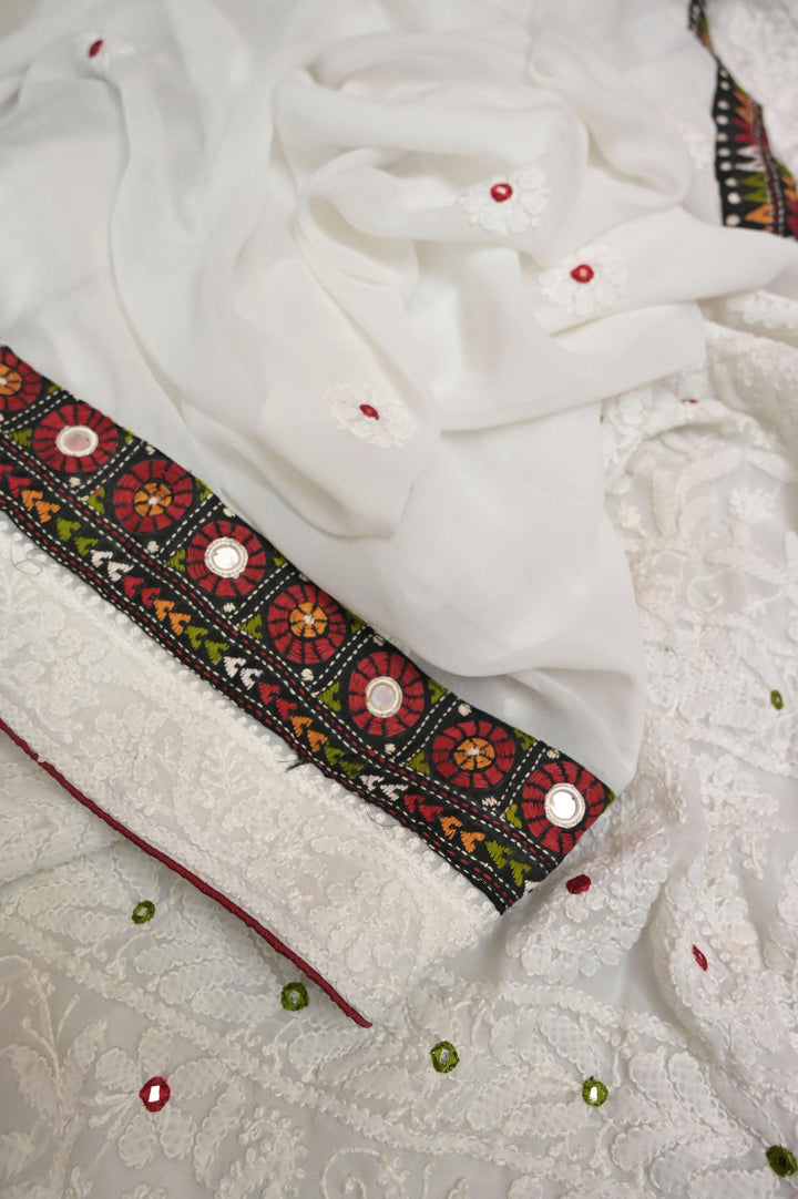 White Color Georgette Saree with Hand Chikankari and Kantha Patchwork and Mirror Work