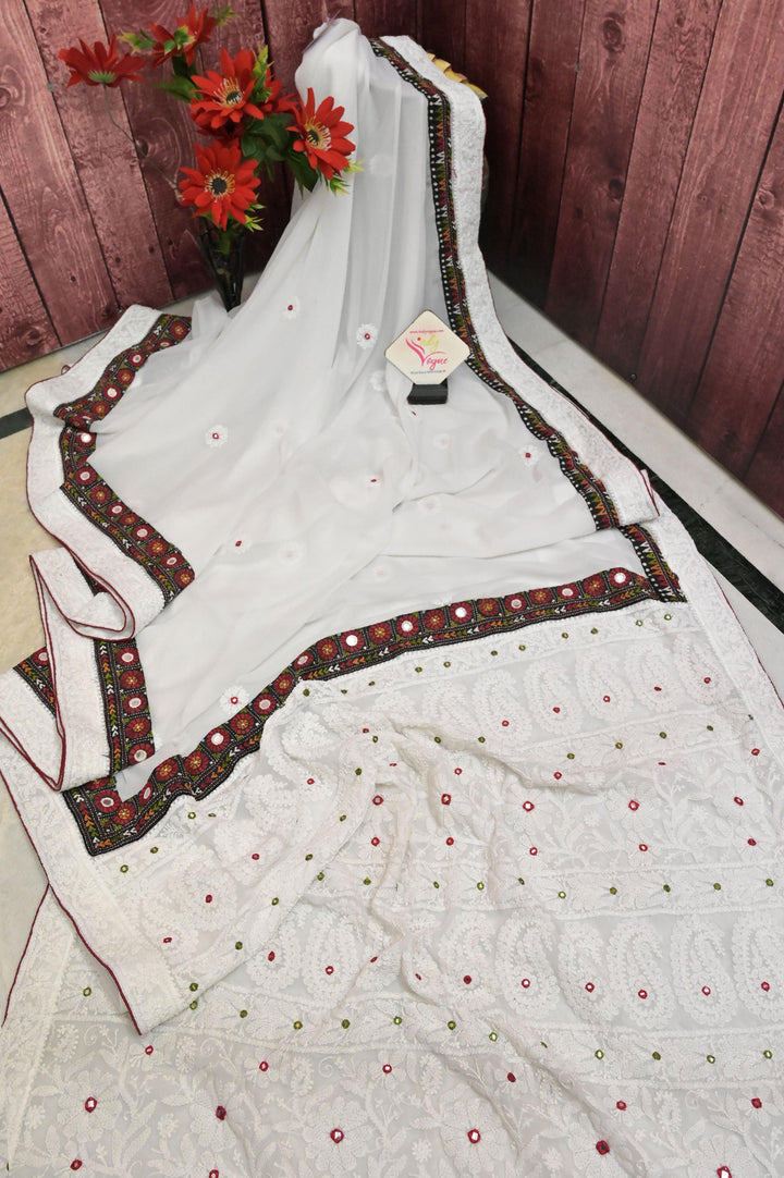 White Color Georgette Saree with Hand Chikankari and Kantha Patchwork and Mirror Work