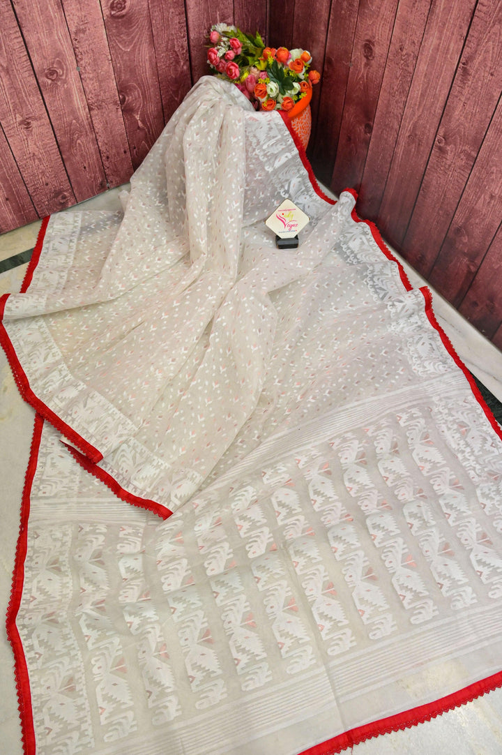 White Color Jamdani Saree with Allover Copper Buti and Red Lace