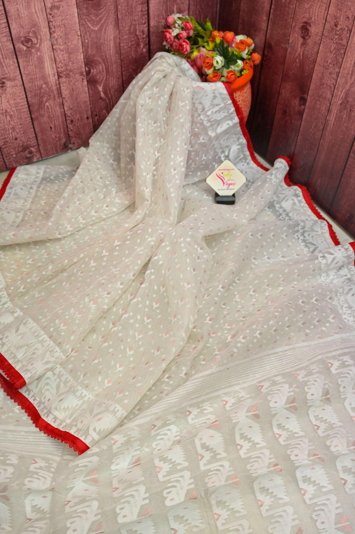 White Color Jamdani Saree with Allover Copper Buti and Red Lace