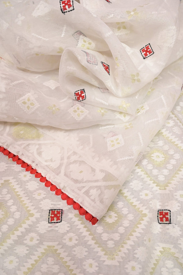 White Color Jamdani Saree with Allover Gujrati Hand Embroidery and Lace Border