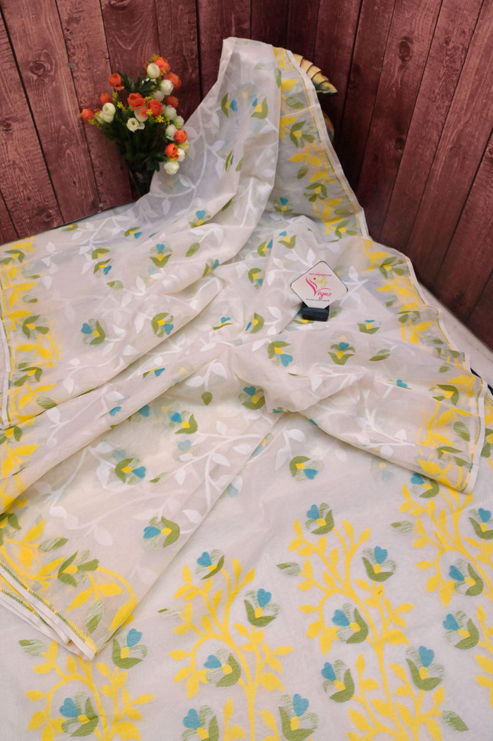 White Color Jamdani Saree with Allover Work with Cotton Embroidered Blouse Piece