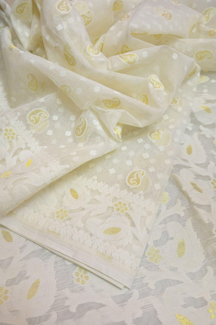 White Color Jamdani Saree with Cotton Gujrati Stitched Blouse Piece