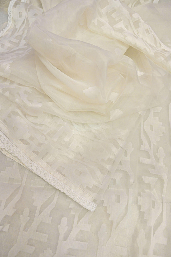 White Color Muslin Jamdani Saree with Zari Work and Lace Border