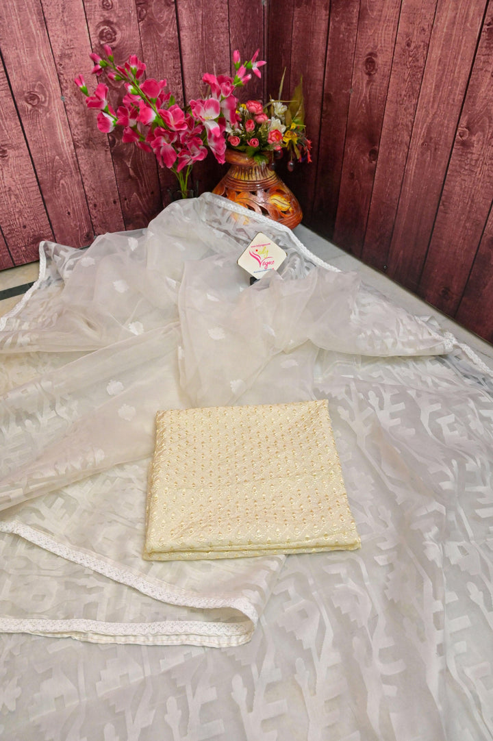 White Color Muslin Jamdani Saree with Zari Work and Lace Border