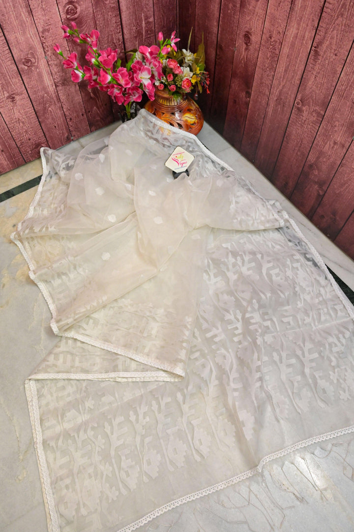 White Color Muslin Jamdani Saree with Zari Work and Lace Border