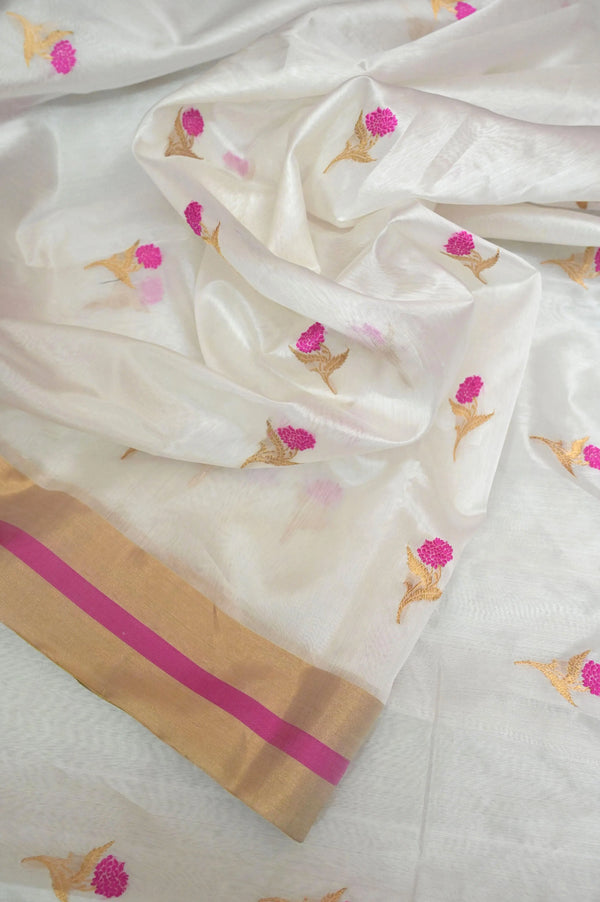 White Color Pure Chanderi Banarasi with Allover Floral Butta
