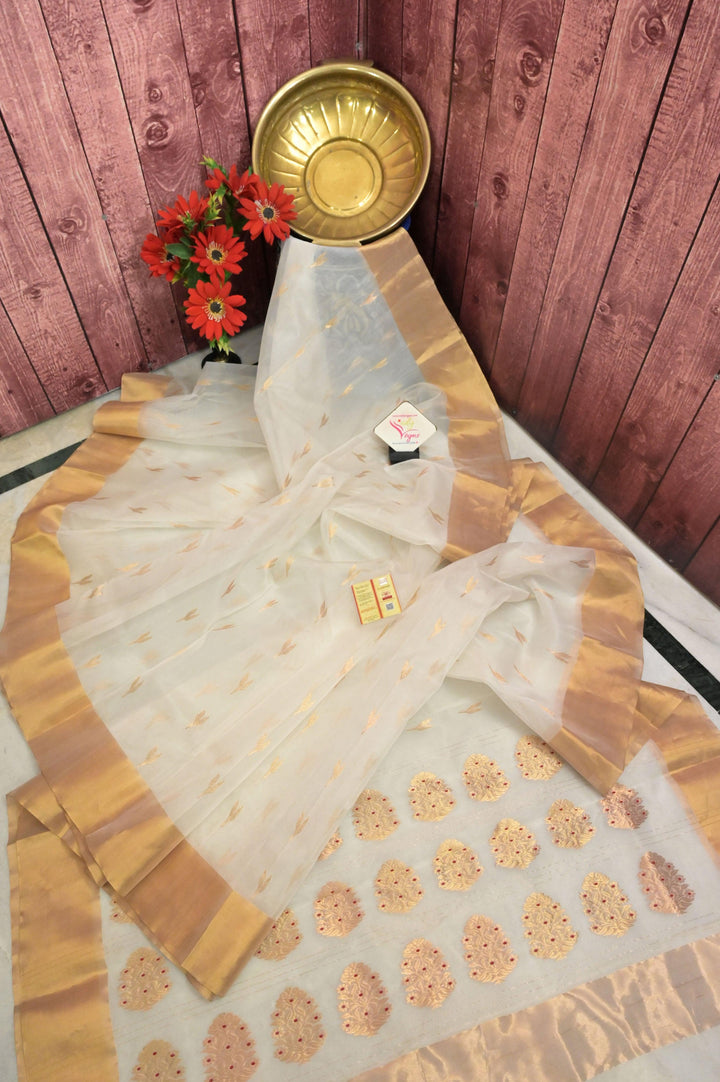 White Color Pure Chanderi Banarasi with Golden Buti Work