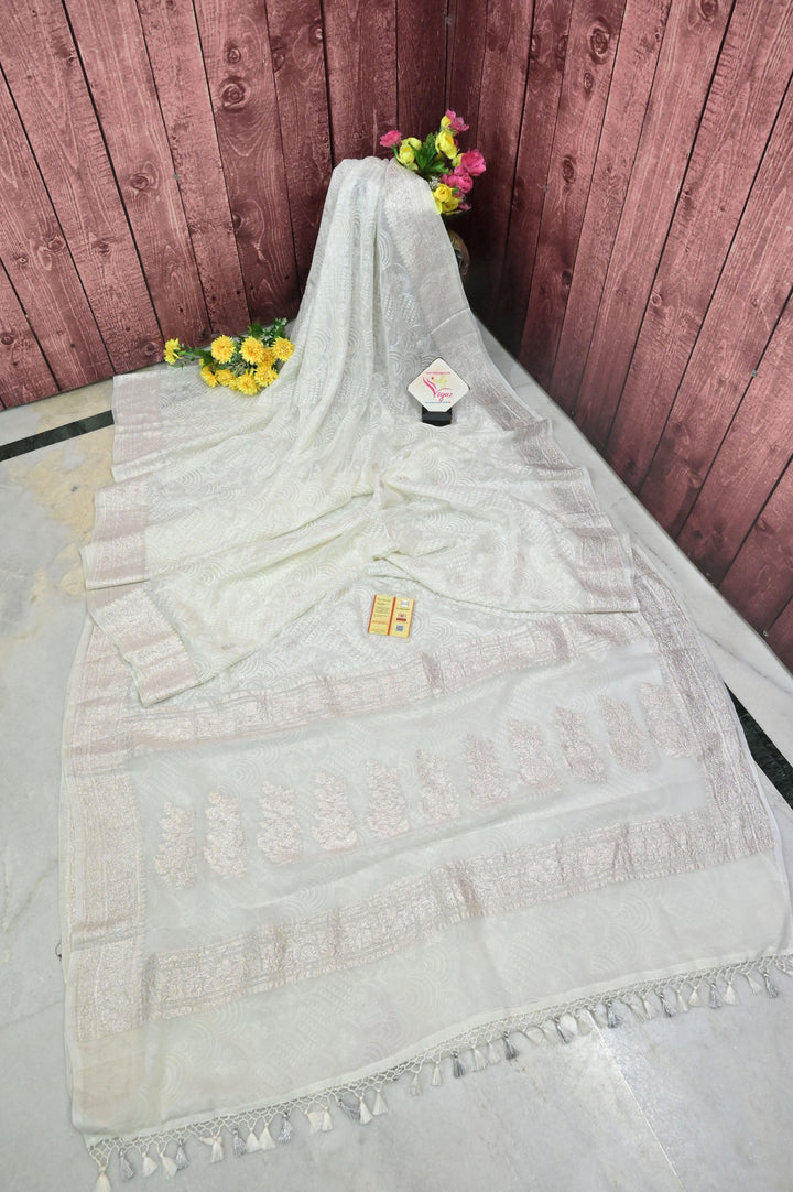 White Color Pure Chiffon Saree with Chikankari and Silver Butta Work