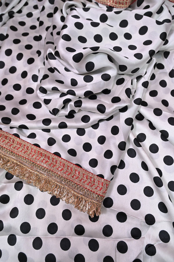White with Black Polka Dot Satin Silk Saree with Designer Blouse