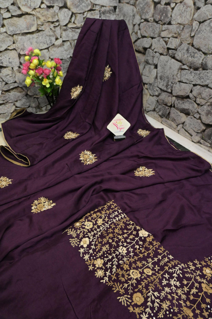 Wine Color Chanderi with Hand Embroidery and Bullion Piping Work