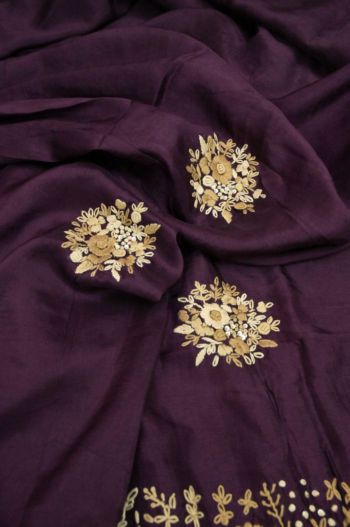 Wine Color Chanderi with Hand Embroidery and Bullion Piping Work