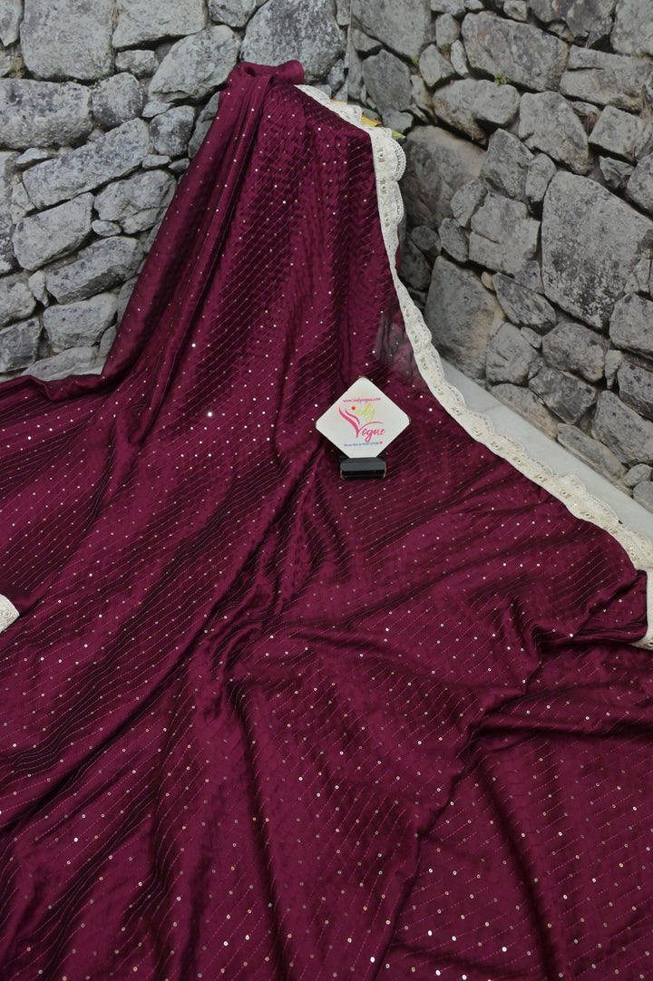 Wine Color Chinon Silk Designer Sequin Embroidered Saree with Lace Border