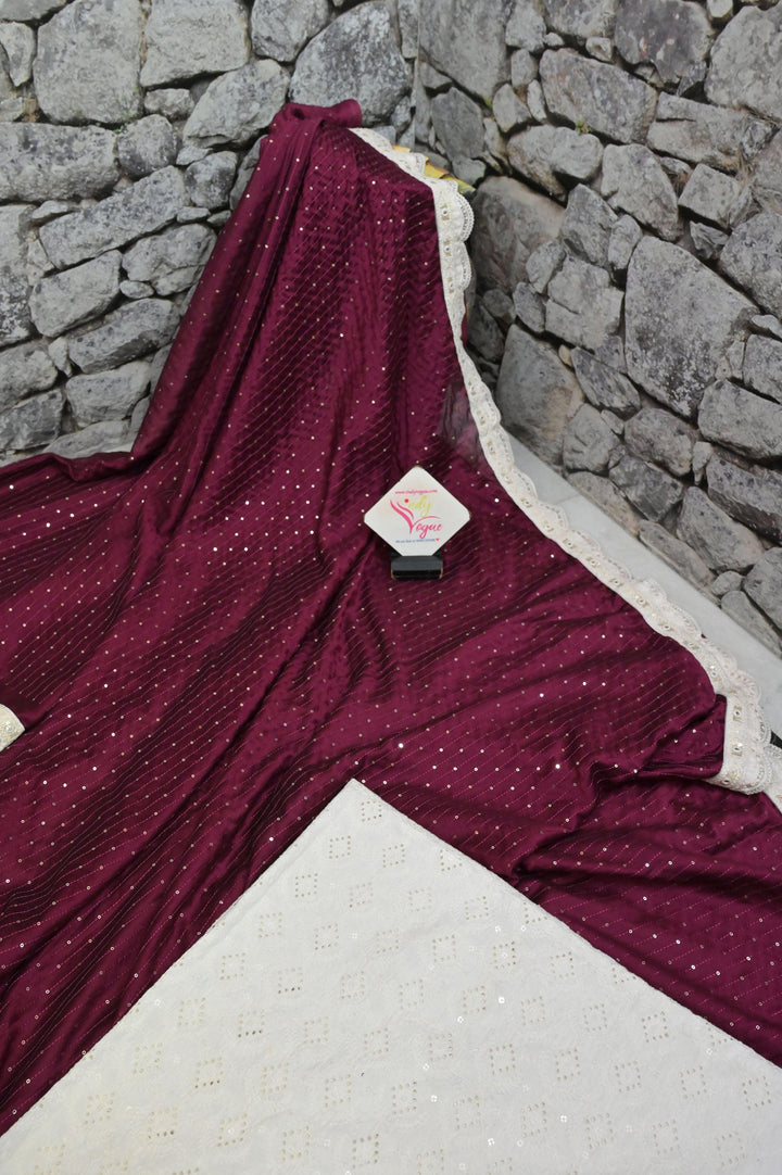 Wine Color Chinon Silk Designer Sequin Embroidered Saree with Lace Border