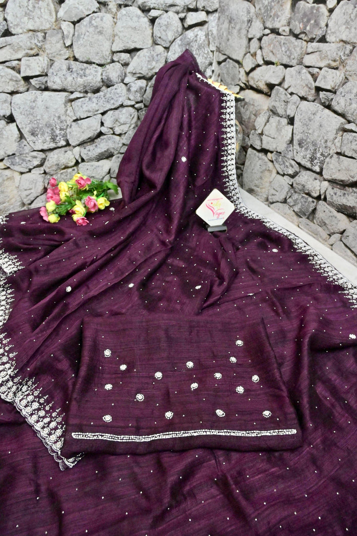 Wine Color Pure Matka Saree with Hand Stone and Pearl Work