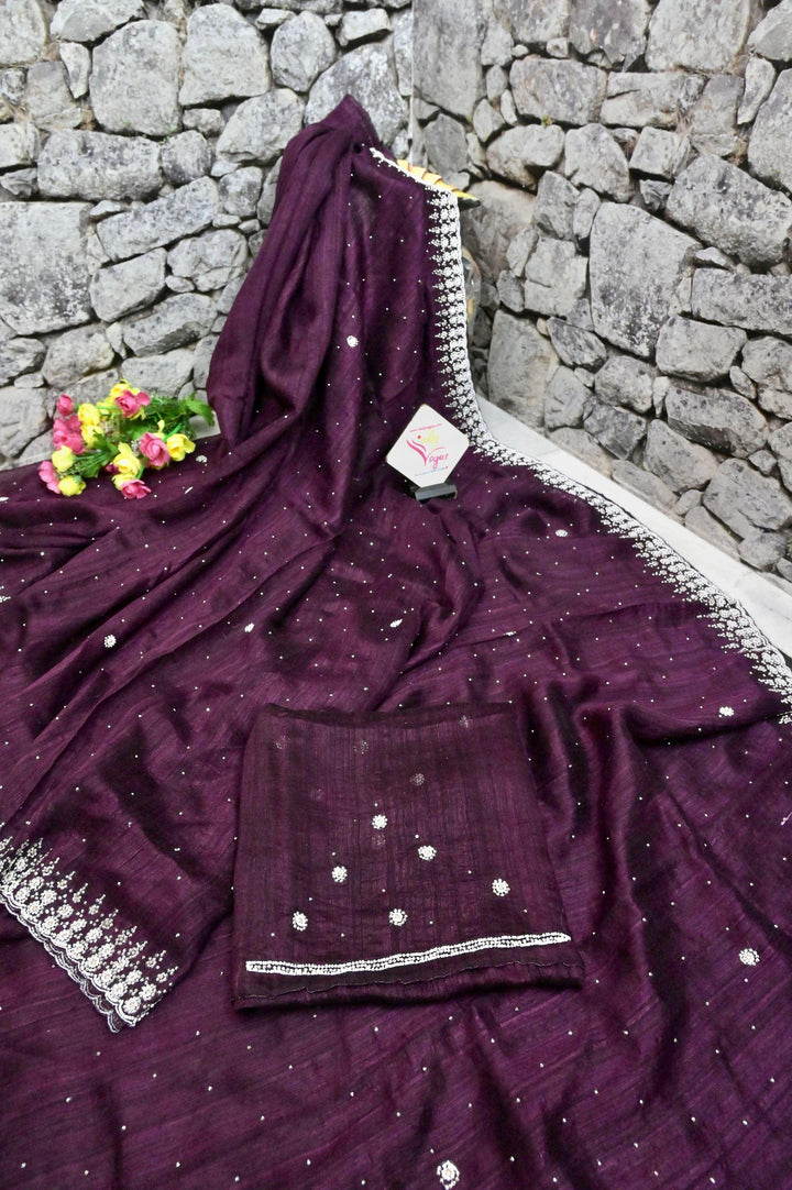 Wine Color Pure Matka Saree with Hand Stone and Pearl Work