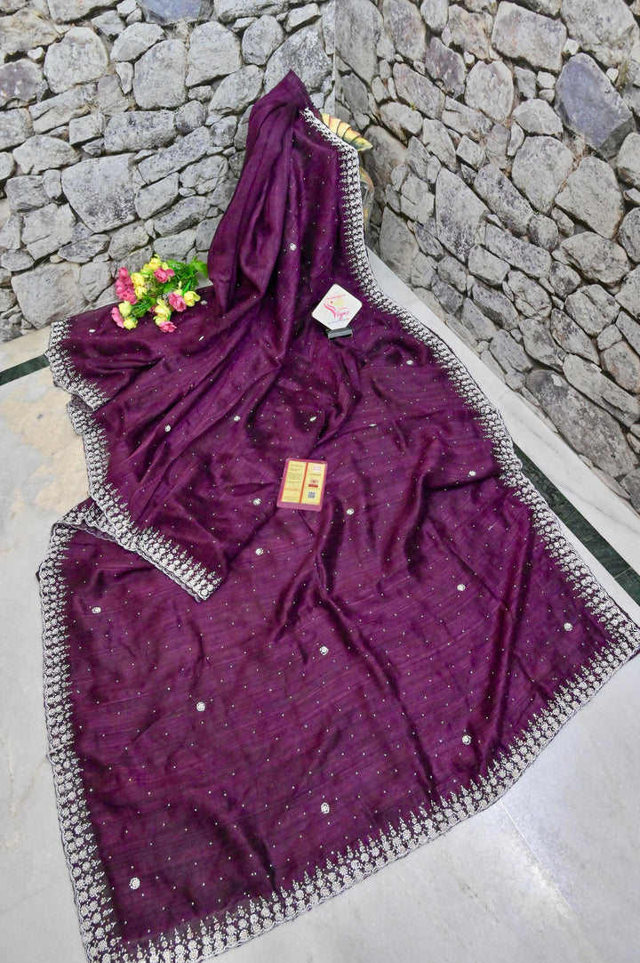 Wine Color Pure Matka Saree with Hand Stone and Pearl Work