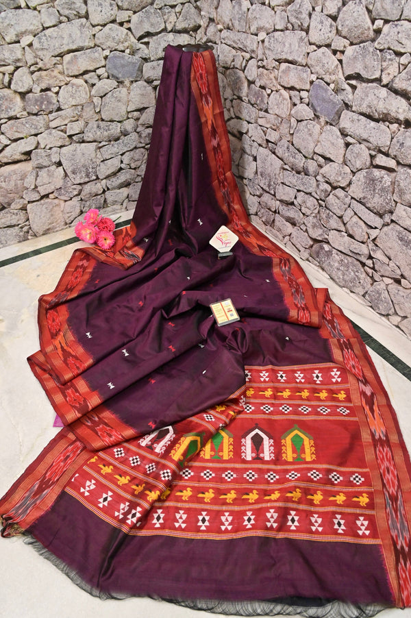 Wine Color Pure Raw Silk Saree with Sambalpuri Border and Dolabedi Pallu