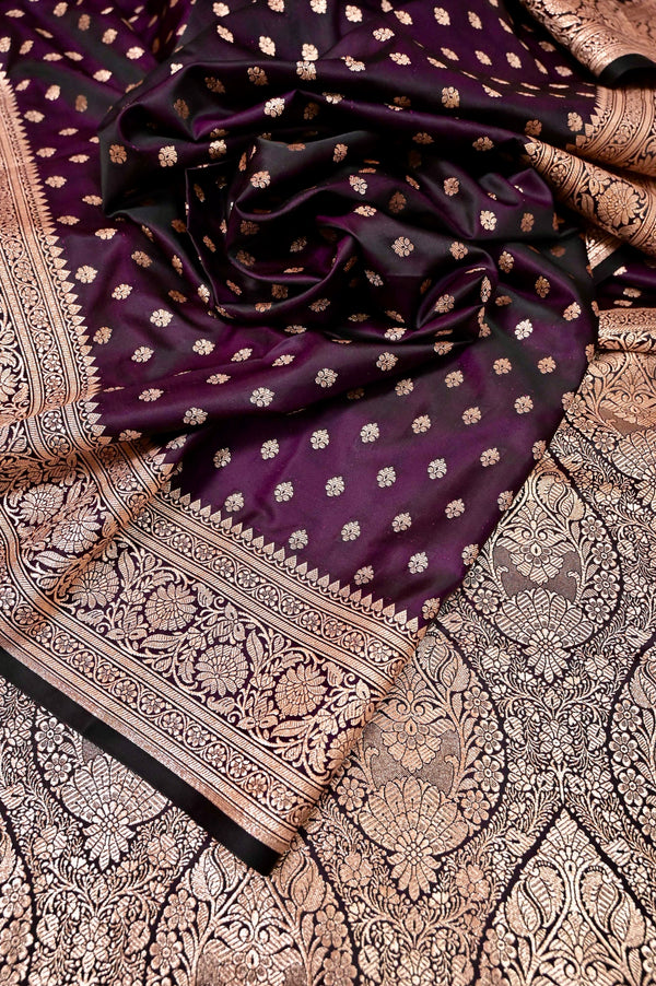 Wine Color Semi Mashru Banarasi with Golden Zari Work