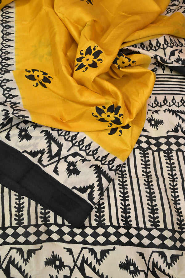Yellow and Black Color Bishnupur Silk Saree with Block Print Work