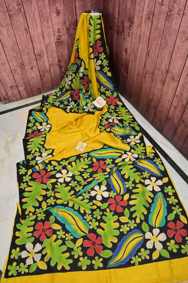 Yellow and Black Color Pure Bishnupur Katan Silk with Hand Paint and Knot Stitch